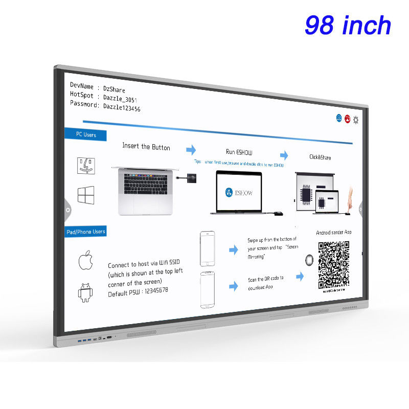 Tableau blanc tactile 4K 98 pouces, écran plat interactif intelligent, double système d'exploitation, tableau intelligent, coût