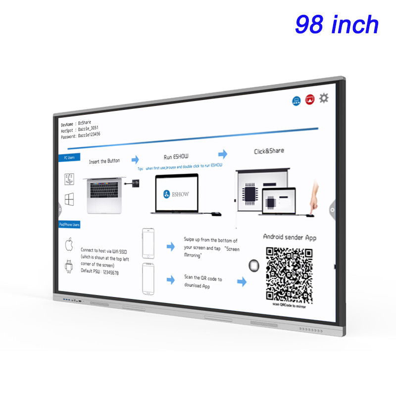 Tableau blanc tactile 4K 98 pouces, écran plat interactif intelligent, double système d'exploitation, tableau intelligent, coût
