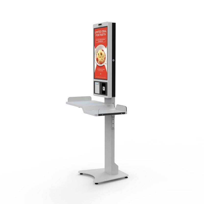 27 इंच इंडोर चेकआउट स्व-भुगतान कियोस्क आरएफआईडी आईसी कार्ड रीडर कियोस्क कैमरा माइक्रोफोन विज्ञापन प्रदर्शन के साथ