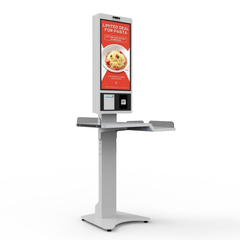 27 इंच इंडोर चेकआउट स्व-भुगतान कियोस्क आरएफआईडी आईसी कार्ड रीडर कियोस्क कैमरा माइक्रोफोन विज्ञापन प्रदर्शन के साथ