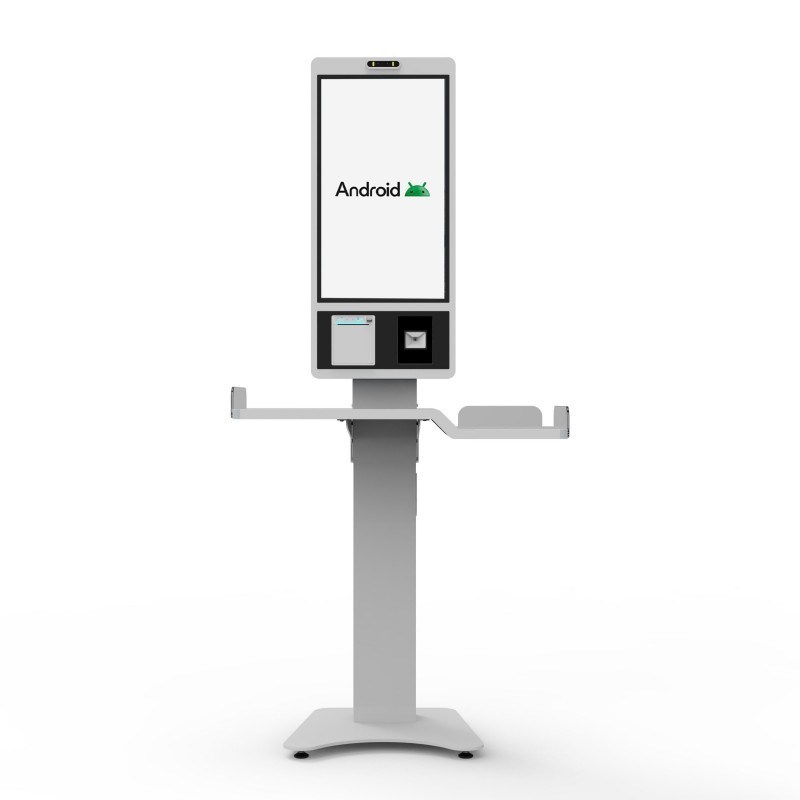Quiosco de autoservicio con soporte de suelo Android de 27 pulgadas para pedidos, quiosco táctil todo en uno con impresora térmica/código QR/RFID