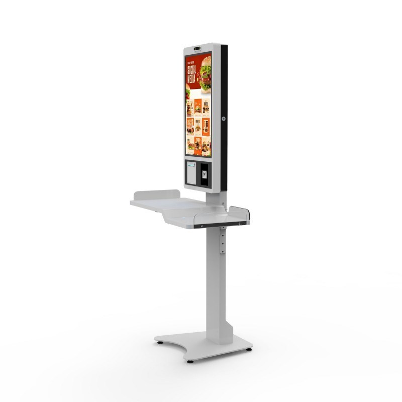 Quiosco de autoservicio con soporte de suelo Android de 27 pulgadas para pedidos, quiosco táctil todo en uno con impresora térmica/código QR/RFID